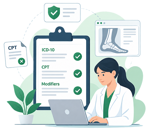 Podiatry credentialing coordinator reviewing an ICD-10, CPT, and Modifiers checklist