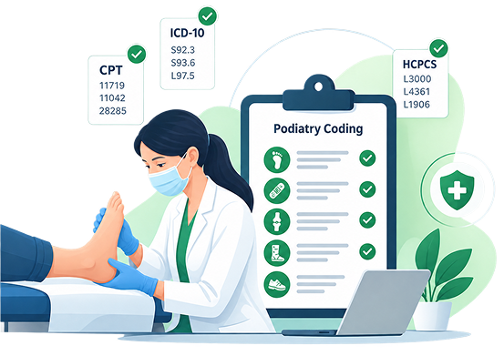 Podiatry credentialing clipboard with CPT, HCPCS, and ICD-10 checklist icons