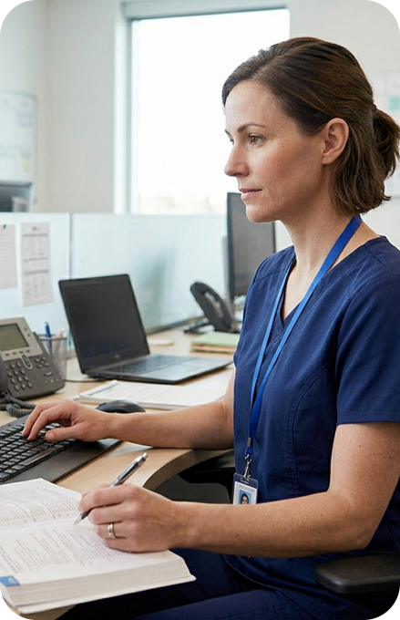 Podiatry billing specialist reviewing paperwork at her desk