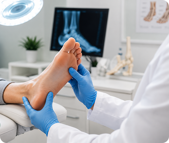 Podiatrist examining a patient's foot in a clinical setting